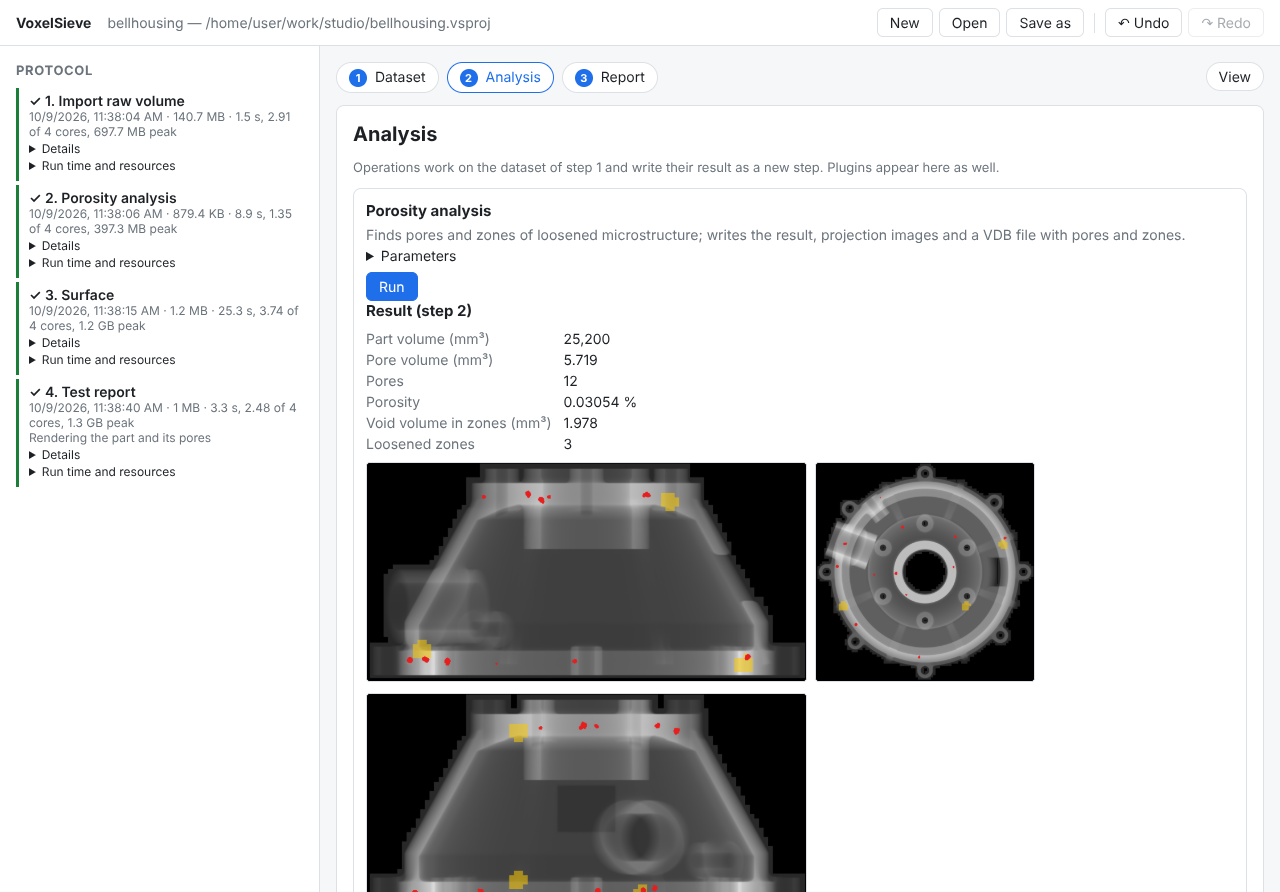 GUI in the browser with the step protocol and a porosity result