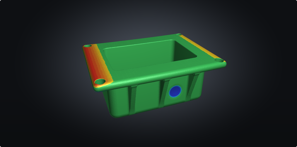 Deviation of a warped housing with a dent from its CAD model, coloured by deviation