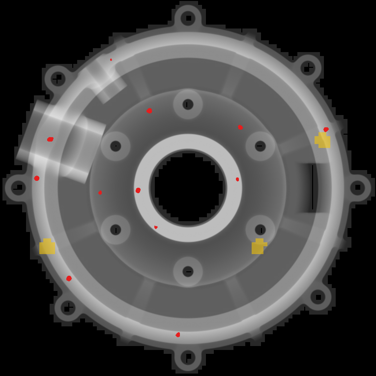 Bell housing projected along its axis, pores in red and loosened zones in yellow